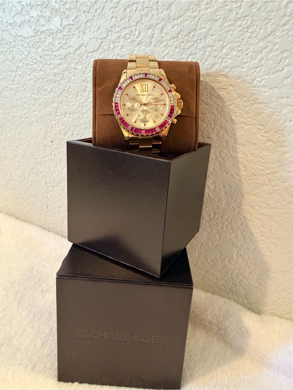 Michael Kors Gold-Tone Chronograph Watch with Pink Gem Bezel